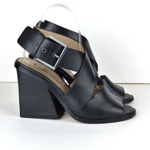 BCBGMAXAZRIA Sara Black Chunky Square Heel Leather Strappy Sandal Womens 6M - Picture 1 of 15